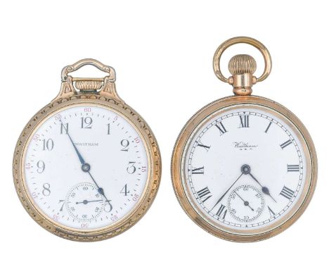 WALTHAM - Two gold-plated keyless wind open face pocket watches. One with Brequet numerals, red outer minute markers and subs