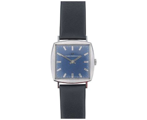 GIRARD-PERREGAUX - A gentleman's stainless steel manual wind dress watch. The signed square blue dial with silver baton marke