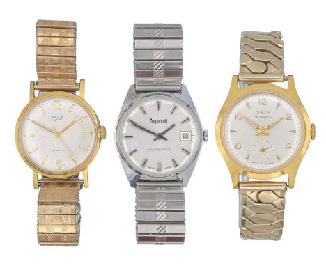A selection of three mechanical gentleman's wristwatches. One is an Oris gold-plated with 15 jewel movement, 31mm; another by