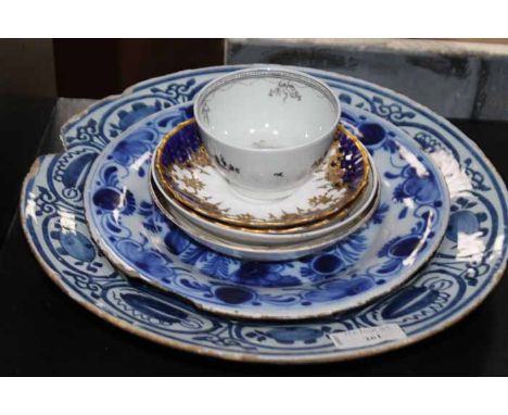 TWO BLUE AND WHITE CHARGERS, TWO COPELAND GILT SAUCERS AND OTHER CHINA 
