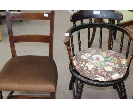 19TH CENTURY MAHOGANY DINING CHAIR
with pierced back and green upholstery; together with a mahogany ladder-backed line inlaid