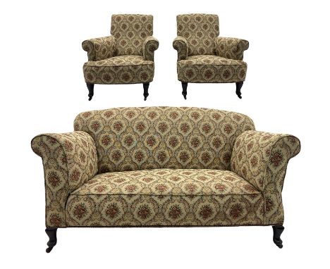 Early 20th century two seat drop arm sofa (W152cm), and pair ofmatching armchairs (W83cm), upholstered in beige patterned fab