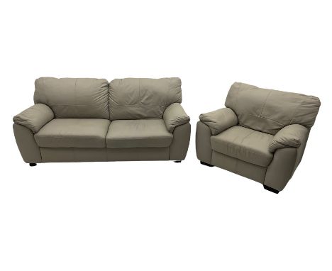 Two seat sofa (W185cm), and matching armchair (W107cm), upholstered in grey leather