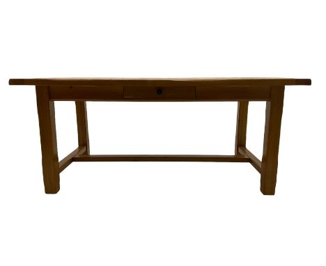 Light oak rectangular dining table with two additional leaves, square supports joined by floor stretcherDimensions: Height:&n