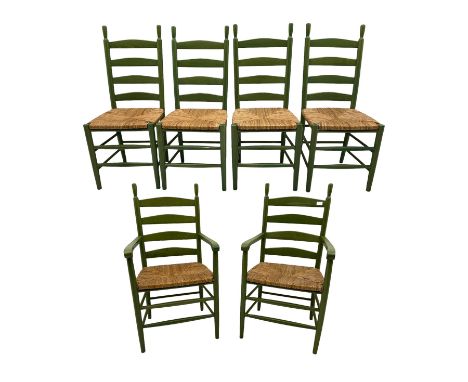 Set of green beech ladder back dining chairs