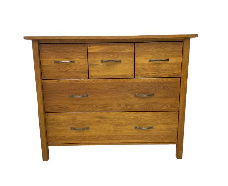 Light oak chest fitted with three small and two large drawersDimensions: Height:&nbsp;95cm&nbsp; Length/Width:&nbsp;120cm&nbs