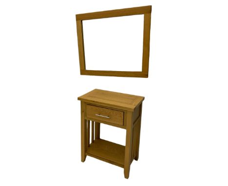 Light oak side table, single drawer with under-tier, and rectangular wall mirrorDimensions: Height:&nbsp;76cm&nbsp; Length/Wi