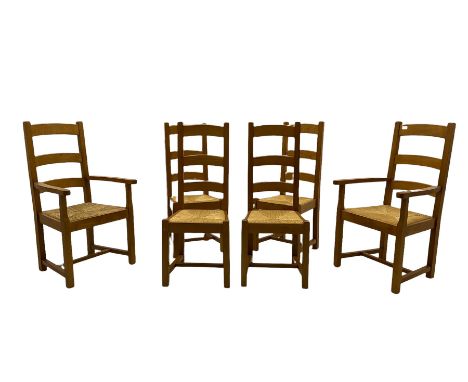 Set of six light oak dining chairs, with rush seats
