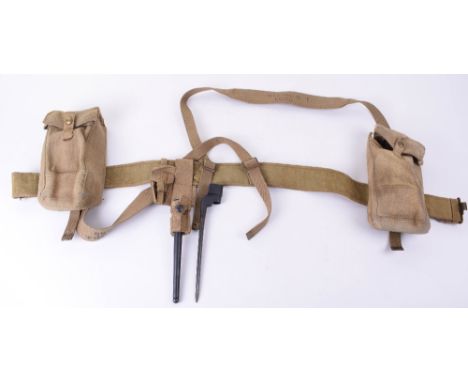 British Airborne 1937 Pattern Webbing Equipment, consisting of waist belt, pouches, scarce Sten Plate-Retainer pouch and bayo