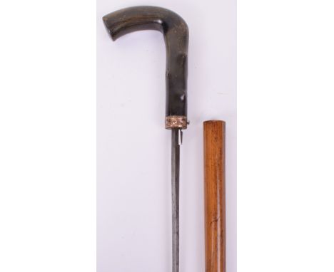 Good Victorian Swordstick, thick diamond-section blade retained by button-operated sprung catch, male Malacca cane, engraved 