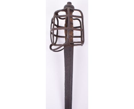 Unusual Signed English Basket Hilt Backsword c.1750, straight single edge blade cut with a single fuller, iron basket hilt de