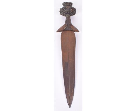 Good 19th Century African Tribal Knife, broad leaf-shaped blade with panels of finely chiselled decoration, wooden hilt with 