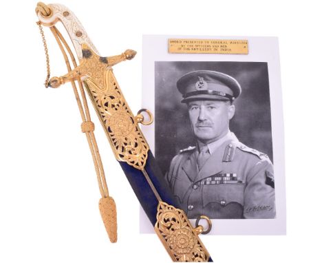 Fine Indian Army Mameluke Sword Presented to General W H B Mirrlees Commander of Royal Artillery 4th Indian Division, broad c