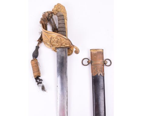 Early 19th Century British Naval Officers Sword, pipe back blade etched with 1801-1816 Royal arms and fouled anchor, regulati