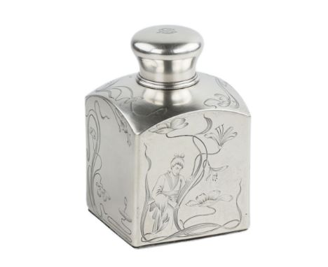 An elegant square silver tea caddy, made in Moscow between 1896 and 1908. The surface of the item is decorated with a refined