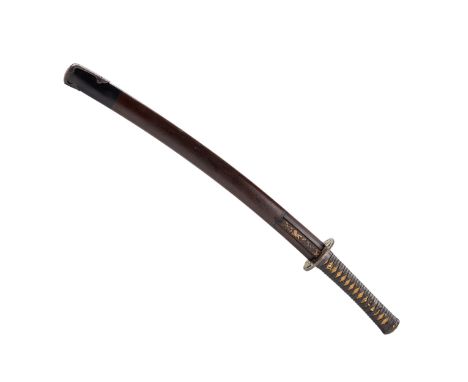 Japanese sword. Wakizashi. 19th century. Steel blade. Wooden, in embossed leather, sheath with a bronze latch decorated with 