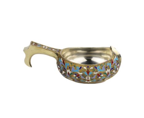 Russian silver kovsh with enamel pattern, made in cloisonnÃ© enamel technique. Residual gilding. Hallmarks: hallmark-name NS 