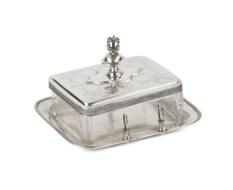 Austrian silver oil dish with glass. The turn of the 19th-20th centuries. A rectangular glass container for butter with a sil