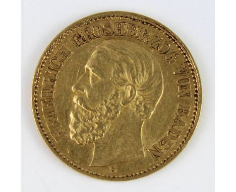Deutsches Reich, Baden, 10 Mark Münze in Gold, 1891, Buchstabe G, Friedrich, Großherzog von Baden, Zustand (vz), vorzüglich, 