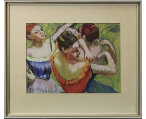 Anonymer Zeichner, 20. Jh., drei Ballettänzerinnen, nach Edgar Degas, Farbkreidezeichnung, 23 x 30 cm (Passepartoutausschnitt