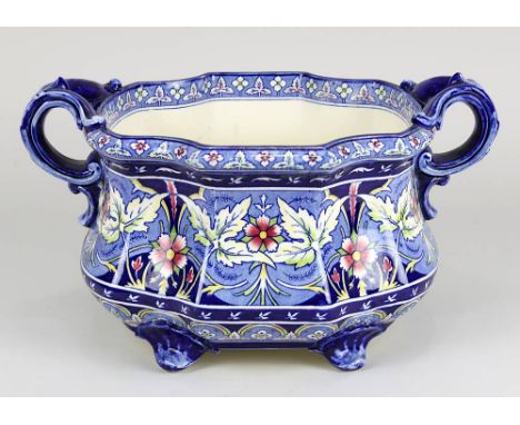 Sarreguemines Cachepot mit Blumendekor im englischen Stil, Utzschneider &amp; Cie um 1900, Keramik heller Scherben, vierpassi