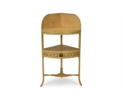 A REGENCY GREEN AND CREAM-PAINTED CORNER WASHSTAND  EARLY 19TH CENTURY   Now with a removeable top panel and a drawer in the 