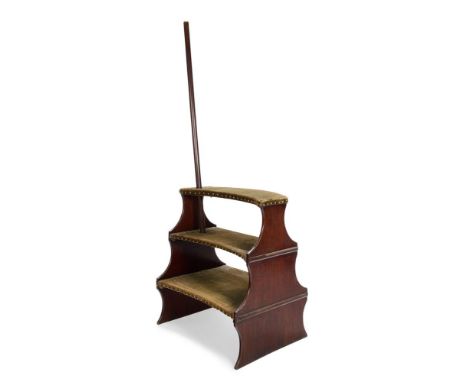 A SET OF OAK AND STUDDED VELVET-COVERED LIBRARY STEPS  LATE 19TH/EARLY 20TH CENTURY  159cm high, 64cm wide, 49cm deep   Condi
