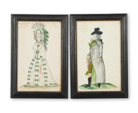 FRENCH SCHOOL (LATE 18TH CENTURY) TWO SKETCHES FOR A FRENCH FASHION JOURNAL Pencil and watercolour, a pair Both inscribed and