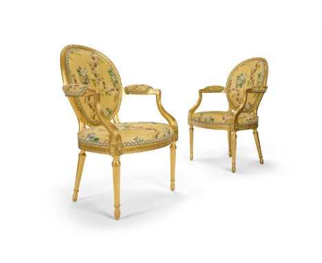 A PAIR OF GILTWOOD ARMCHAIRS  IN THE MANNER OF INCE AND MAYHEW, BY PHILIP BOORMAN FOR PHILIP ASTLEY- JONES   Each with an ova