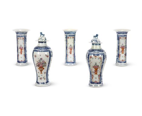 A CHINESE GARNITURE OF FIVE FAMILLE ROSE VASES  QIANLONG  With underglaze blue borders  vases and covers 30cm, one cover pain