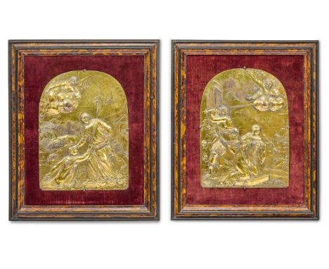 A PAIR OF GILT COPPER PLAQUES WITH MARTYRS, PROBABLY SAINT PLACIDUS AND SAINT MAURUS  SOUTHERN NETHERLANDISH, LATE 17TH/ EARL