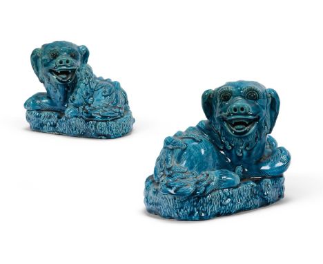 A PAIR OF CHINESE TURQUOISE GLAZED MODELS OF BUDDHIST LIONS AND PUPS LATE 18TH CENTURY OR 19TH CENTURY  20cm long x 16cm high
