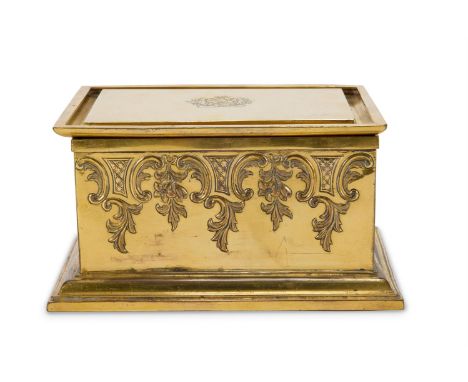 A GILT METAL SEWING CASKET  19TH CENTURY IN THE 17TH CENTURY MANNER  Of rectangular form, lid with engraved armorial and mott
