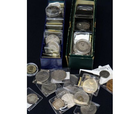 TWO COIN CONTAINERS housing assorted silver and other coins including various 'model' crowns, £5 coins, commemorative coins, 