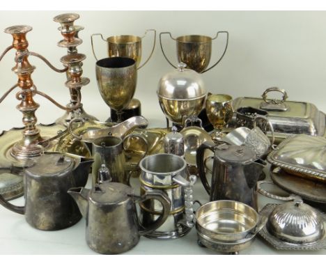 ASSORTED ELECTROPLATED WARES including tea trays, entree dishes, trophy cups, candlesticks ETC