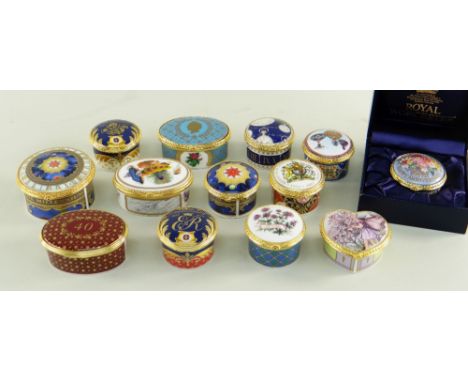 THIRTEEN MODERN ROYAL WORCESTER CHINA TRINKET BOXES, with gilt metal mounts, various printed decoration, one in box (13)