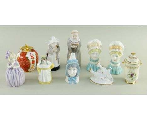 EIGHT MODERN ROYAL WORCESTER CHINA CANDLE SNUFFERS, including Mob Cap (2), Hush, French Cook, Abbess, Monk, Mrs Caudle, Straw