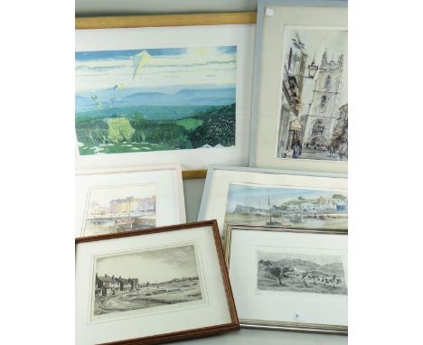 ASSORTED PICTURES INCLUDING DES HAWKINS watercolour - Honfleur harbour, Church St. Cardiff, Tenby Harbour; HAROLD THORNTON et