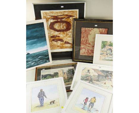 PHILIP E. HARRIS assorted pictures including four watercolours of figure studies, etching in colours, red crayon drawing, acr