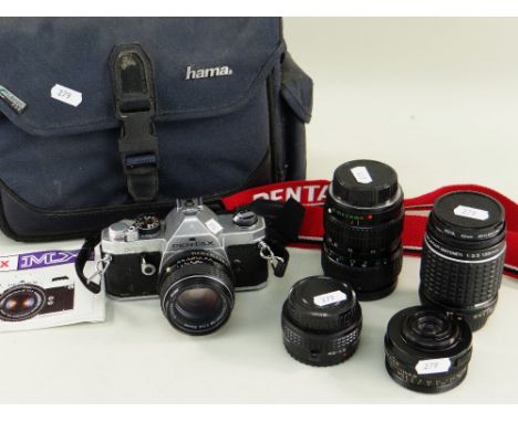 PENTAX MX SLR CAMERA with 50mm lens, Takumar 135mm lens, Tessar 50mm lens, Vivitar 2x tele convertor and Pentax 28-80mm zoom 