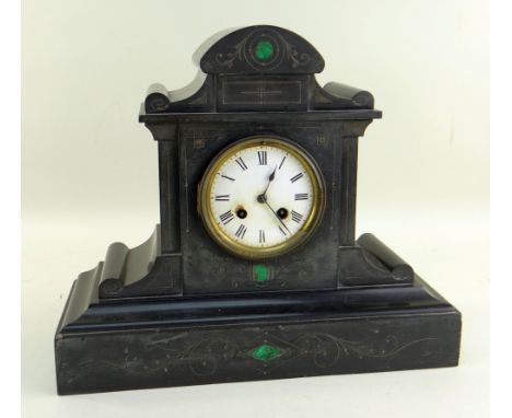 BELGIAN SLATE &amp; MALACHITE INLAID MANTEL CLOCK