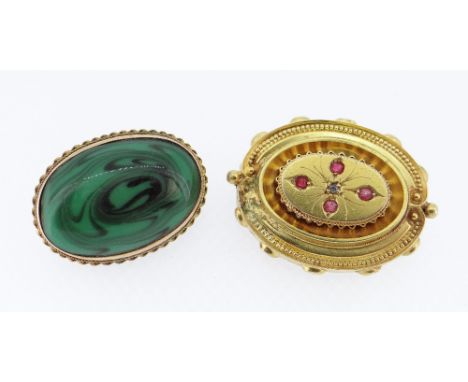 9CT GOLD OVAL MALACHITE BROOCH together with yellow metal ruby and diamond set brooch, 19.5gms (2) Condition Report: ruby and
