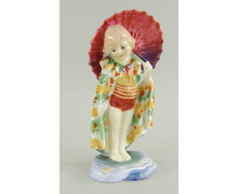 RARE ROYAL DOULTON PORCELAIN FIGURINE 'BABETTE' HN1423, c. 1930-1938 by Leslie Harradine, of a girl in bathing costume and cl