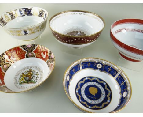 FOUR ROYAL WORCESTER CHINA COMMEMORATIVE BOWLS &amp; A SPODE POTTERY BOWL, including the Millennium, Elizabeth II silver and 