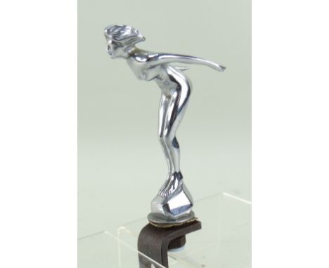 SPEED NYMTH CAR MASCOT, by A.E.Lejeune, 11.5cm high, as a diving nude, on iron bracket