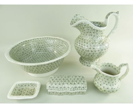 FIVE-PIECE GLAMORGAN POTTERY TOILET WARES SET comprising water jug, 25cms high, basin, 34cms diam, small jug, toothbrush jar 