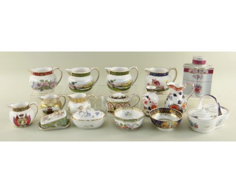 COLLECTION OF MODERN SPODE BONE CHINA ORNAMENTS, including colour printed jugs, quill stand, miniature teapot, cheese dish an