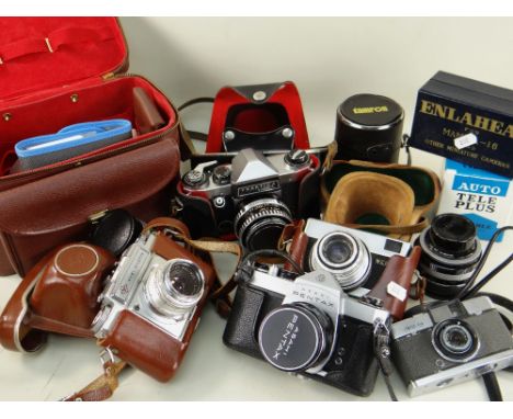 ASSORTED SLR CAMERAS including Pentax SP500, Praktica Super TL, Werra range finder camera with extra 100mm lens and Tamron 28