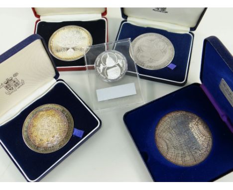 ASSORTED SILVER MEDALS comprising The Drake Silver Medal Map in box, Tercentenary of the birth of John Harrison 1693-1993 Com