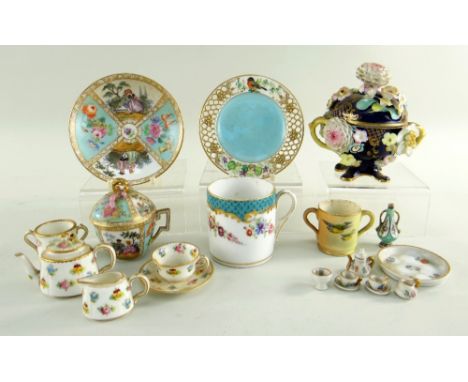 SMALL GROUP OF CABINET CHINA, including a miniature Mintons bone china tea set, with scattered flowers comprising teapot, mil